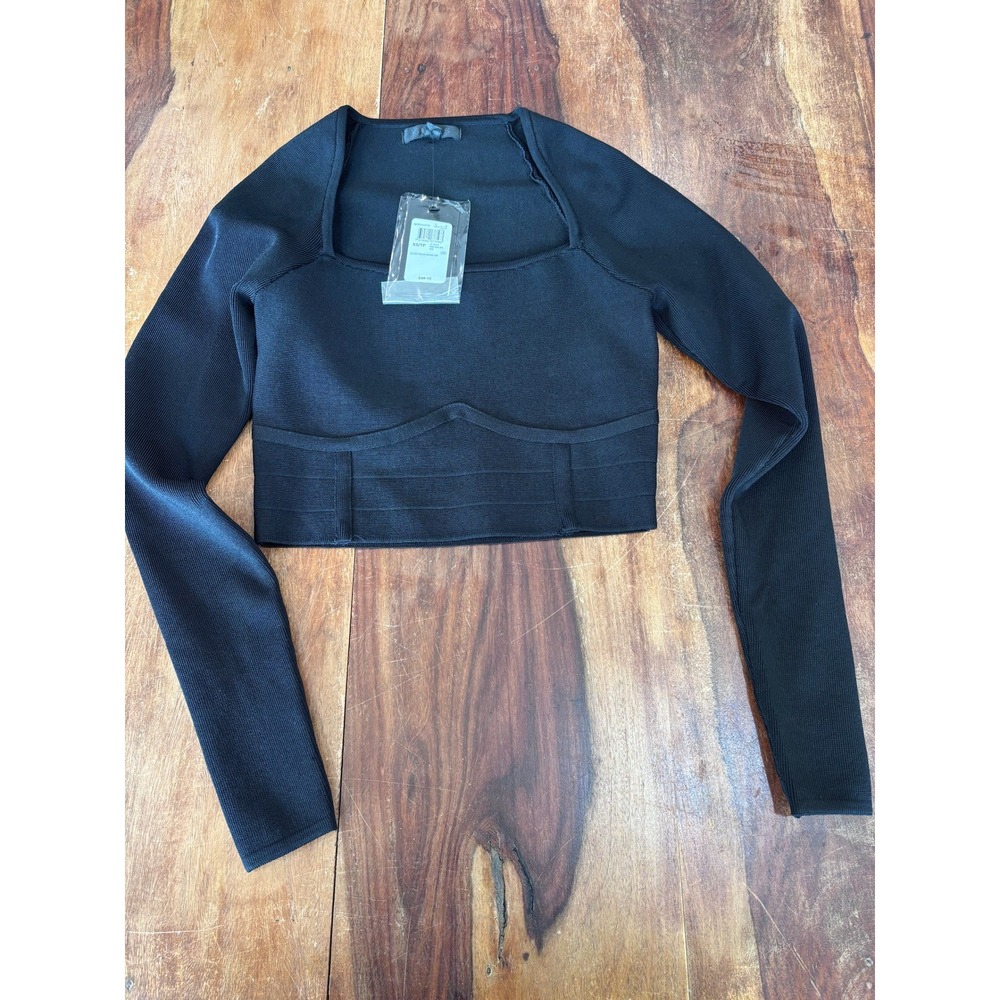 GUESS Zaylee Mirage top women XS jet black ribbed bandage long sleeve crop top